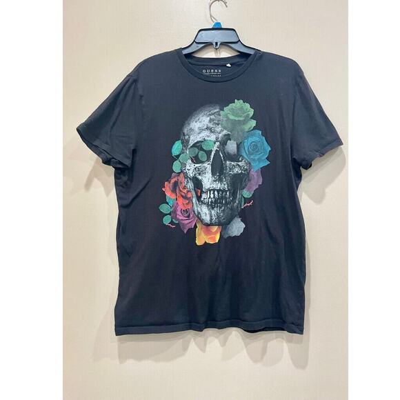 GUESS T-SHIRT SKULL ROSES GRAPHIC PRINT SIZE LARGE BLACK EMO GOTHIC CORE - Picture 3 of 12